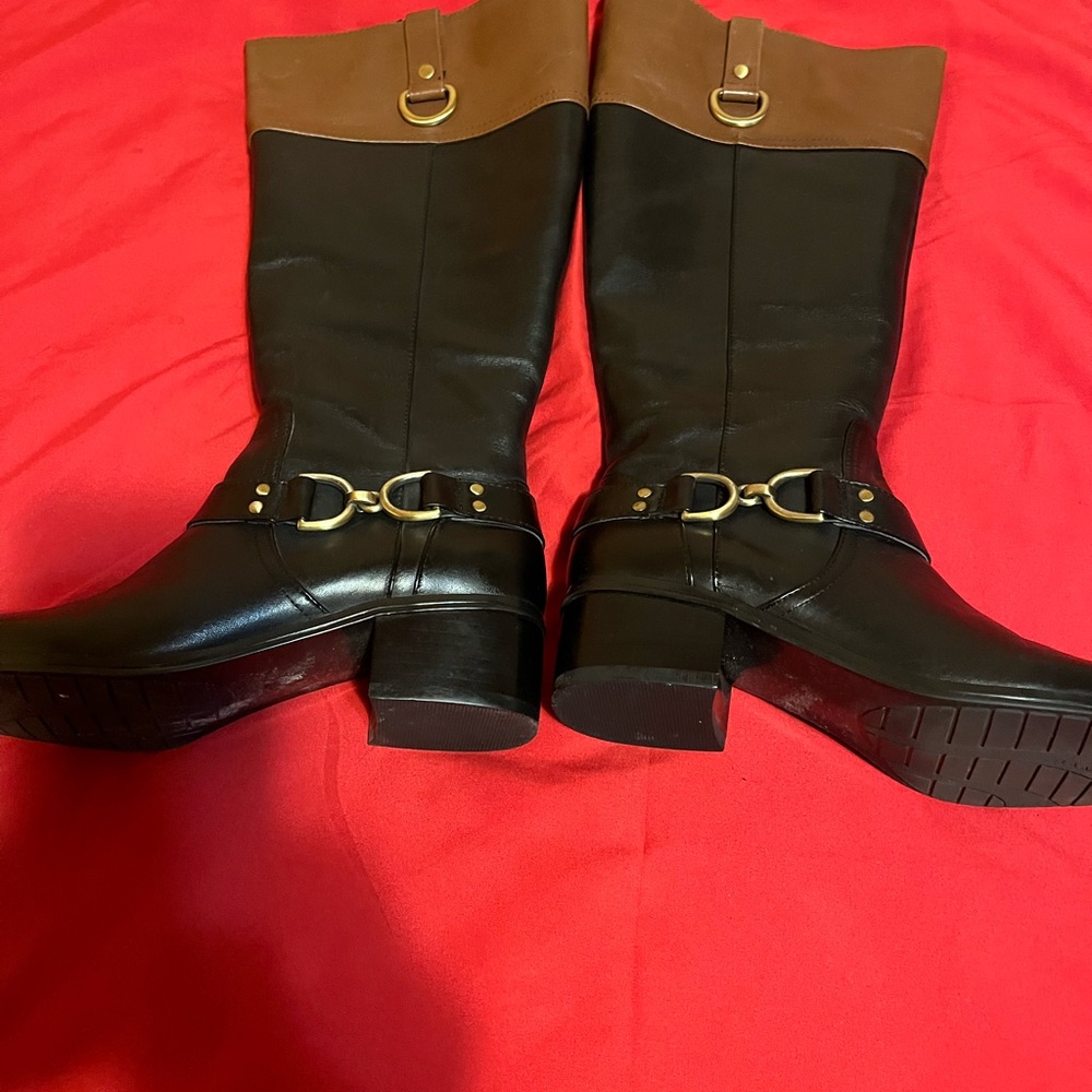 Bandolino Black and Cognac Leather Riding Boots - Picture 2 of 5